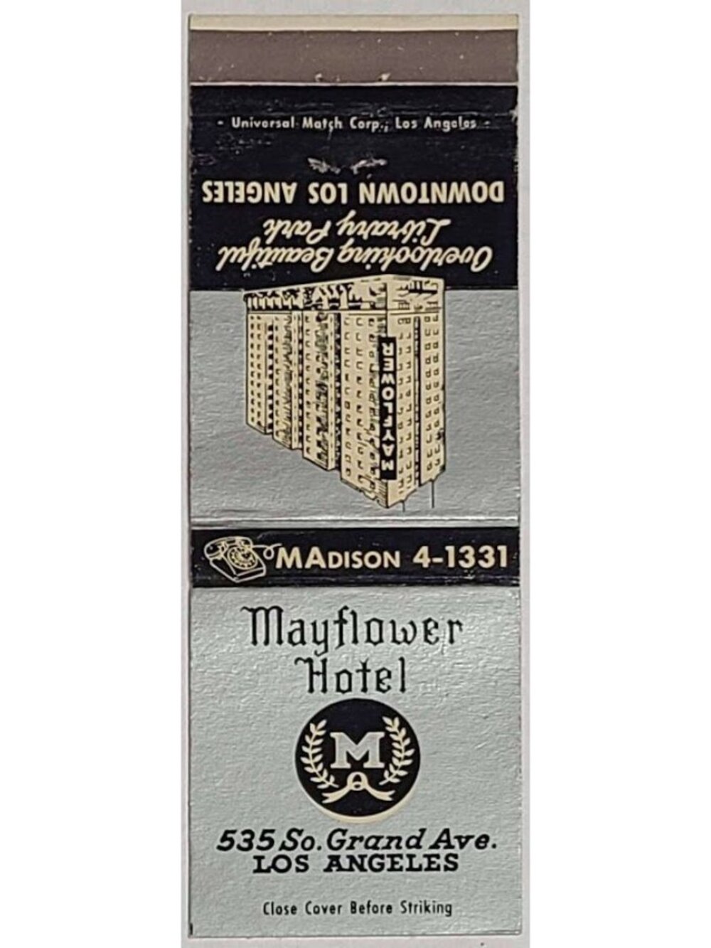 Vintage Matchbook Cover Mayflower Hotel Los Angeles CA DownTown Angels